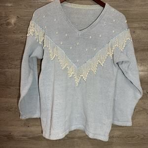 Womens Vintage 80s Baby Blue Knit V Neck Granny Sweater SzLarge Beaded Tassels